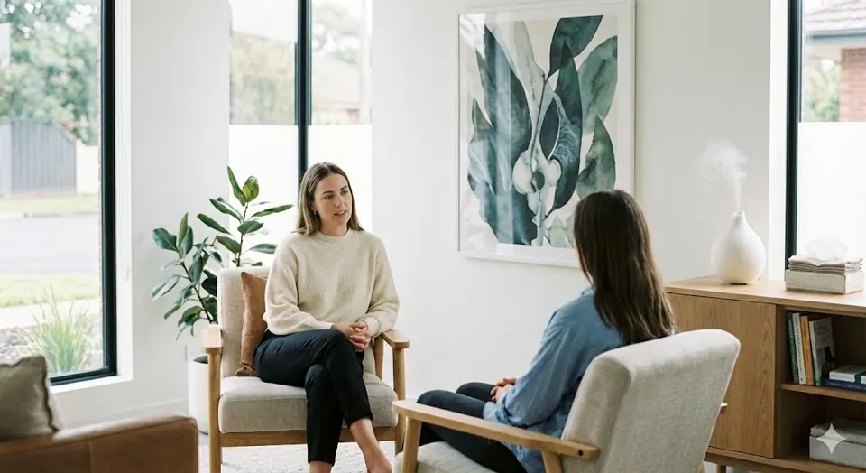 Dos mujeres conversan frente a frente en una consulta